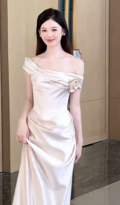 Simple Mermaid Off The Shoulder Satin Pleated Long Wedding Dresses