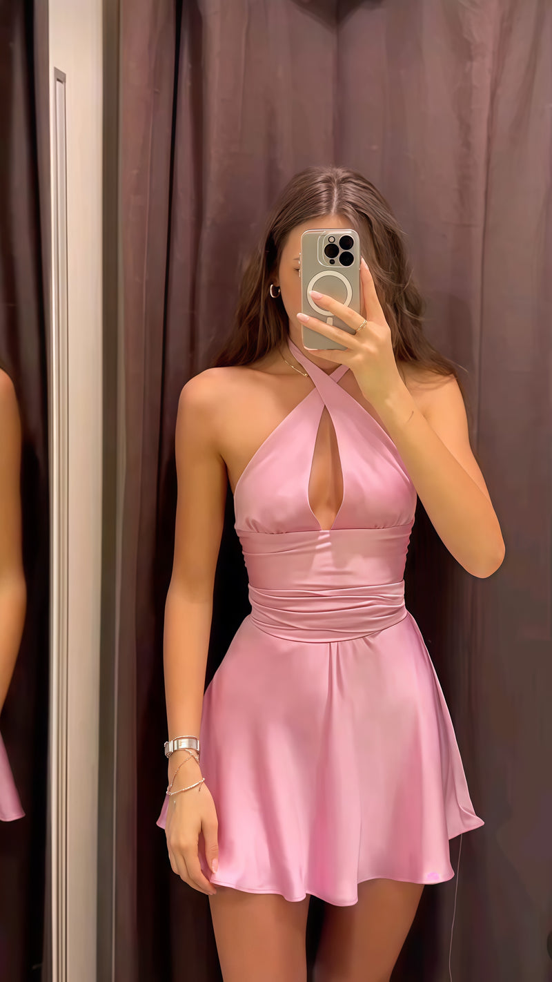Simple Pink Halter Homecoming Dress A-line Party Gown,AST1896