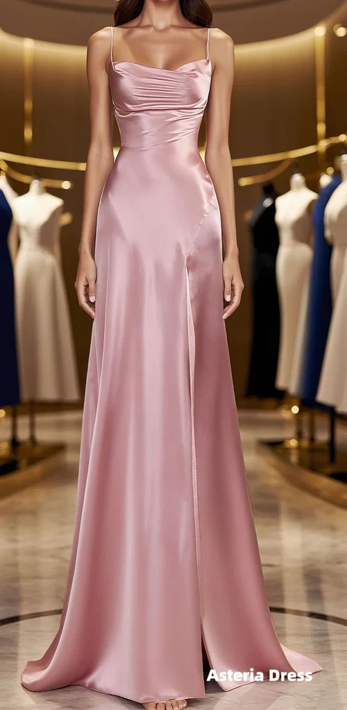 Simple Pink Spaghetti Straps Long Formal Prom Dress with Split