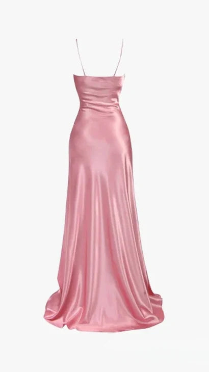 Simple Pink Spaghetti Straps Long Formal Prom Dress with Split