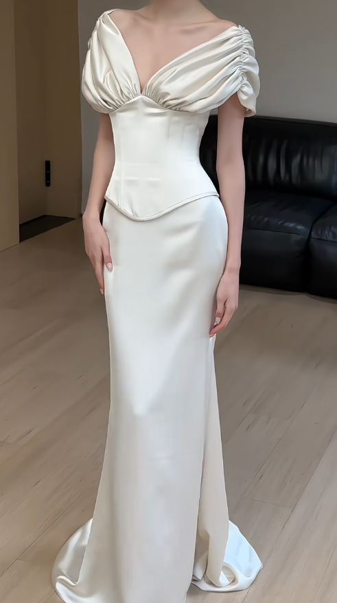 Simple Sheath Satin Long Wedding Dress Off-shoulder Sleeveless Bridal Dress
