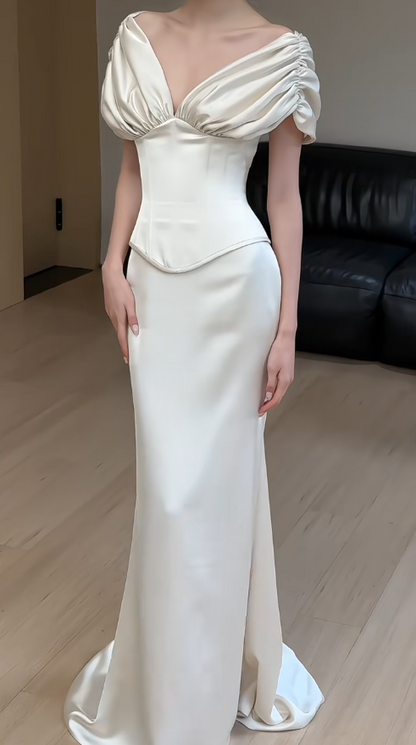 Simple Sheath Satin Long Wedding Dress Off-shoulder Sleeveless Bridal Dress