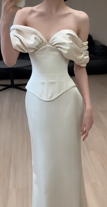 Simple Sheath Satin Long Wedding Dress Off-shoulder Sleeveless Bridal Dress