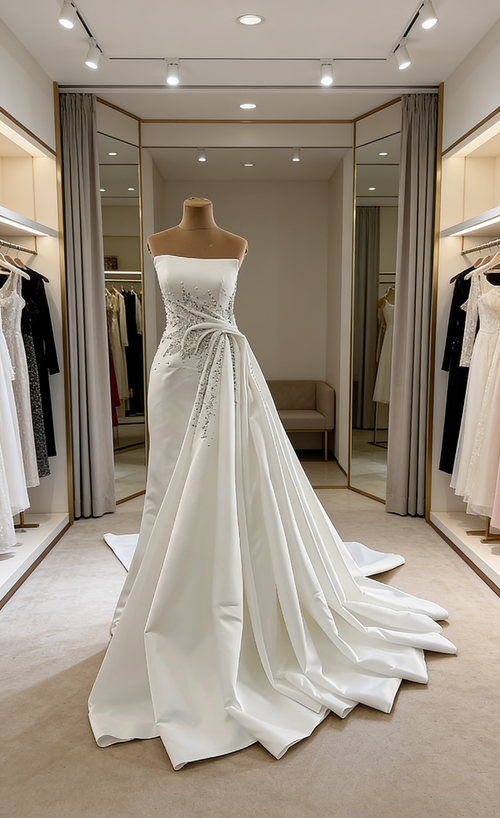 Simple Sheath Satin Strapless Bridal Dress White Wedding Dress Sleeveless Bridal Gown