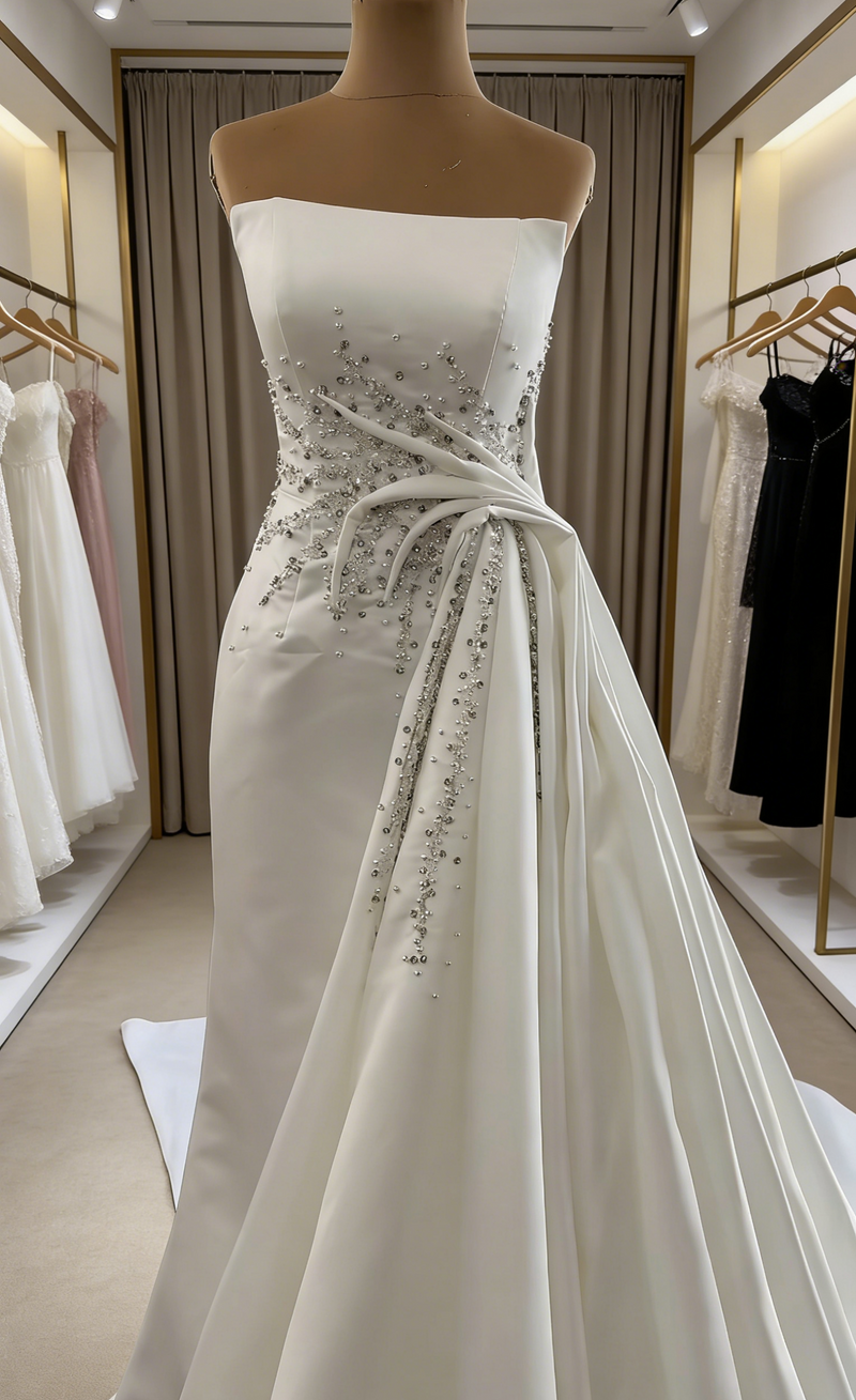 Simple Sheath Satin Strapless Bridal Dress White Wedding Dress Sleeveless Bridal Gown