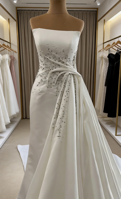 Simple Sheath Satin Strapless Bridal Dress White Wedding Dress Sleeveless Bridal Gown