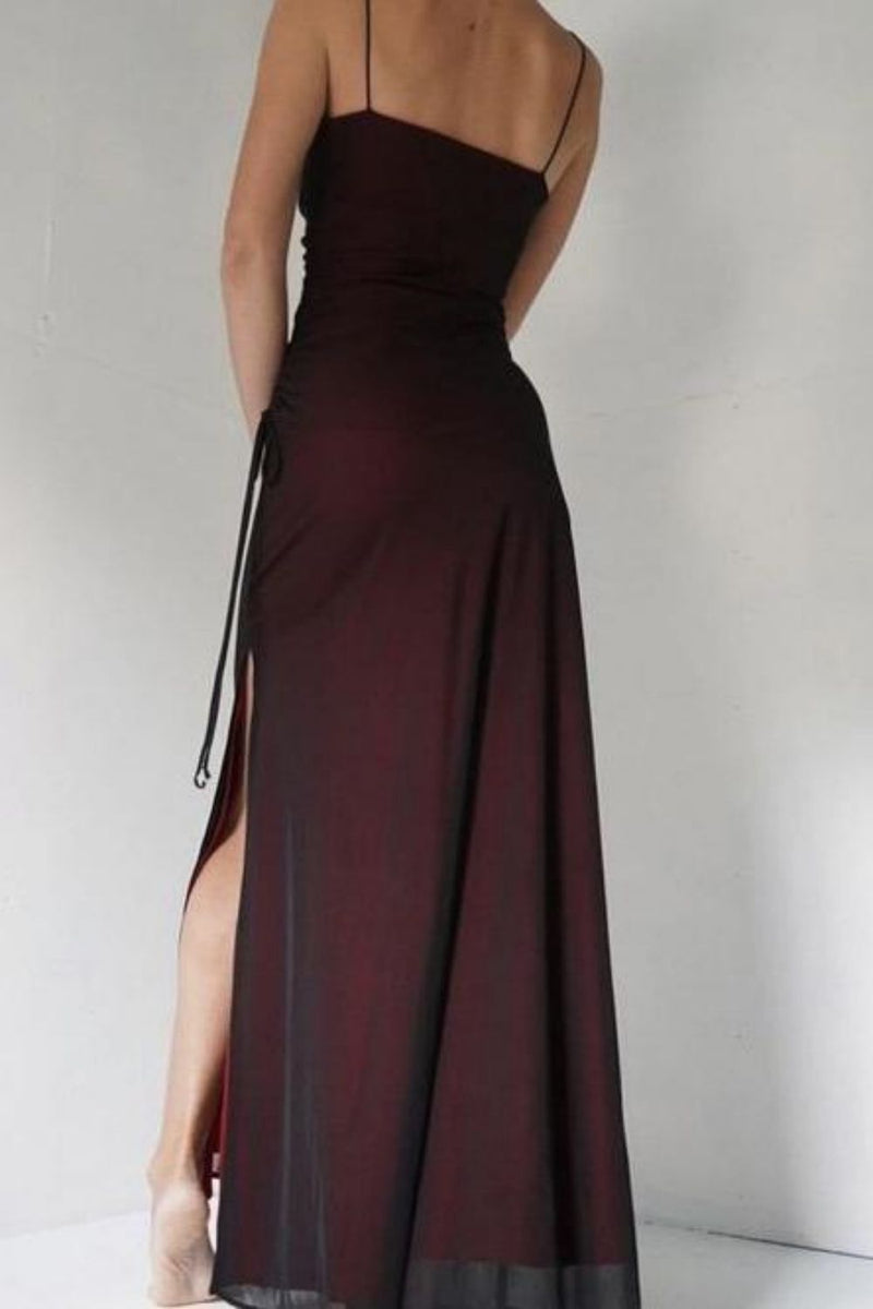 Simple Sheath Spaghetti Straps Burgundy Long Prom Dress with Split Front