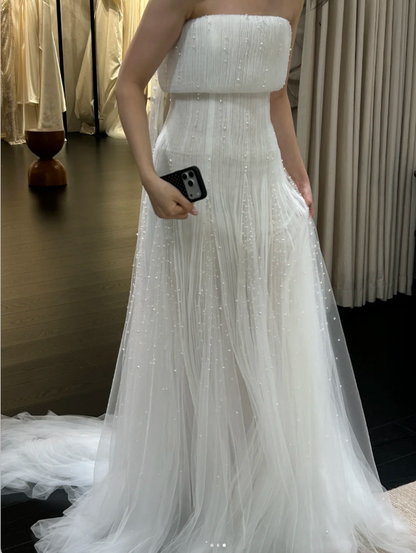 Simple Sheath Strapless Long Wedding Dresses Tulle Beaded White Bridal Gowns Sleeveless Bridal Dresses