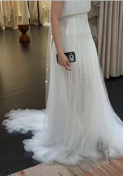 Simple Sheath Strapless Long Wedding Dresses Tulle Beaded White Bridal Gowns Sleeveless Bridal Dresses