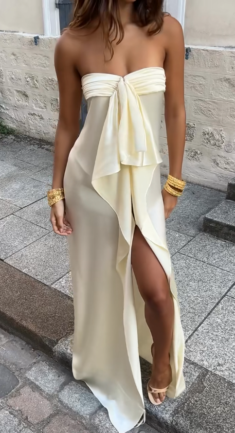 Simple Strapless Sheath Long Prom Dresses Chiffon Yellow Party dresses Evening Dresses