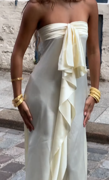 Simple Strapless Sheath Long Prom Dresses Chiffon Yellow Party dresses Evening Dresses