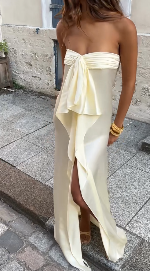 Simple Strapless Sheath Long Prom Dresses Chiffon Yellow Party dresses Evening Dresses