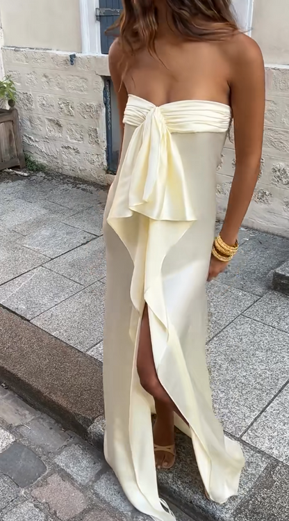 Simple Strapless Sheath Long Prom Dresses Chiffon Yellow Party dresses Evening Dresses