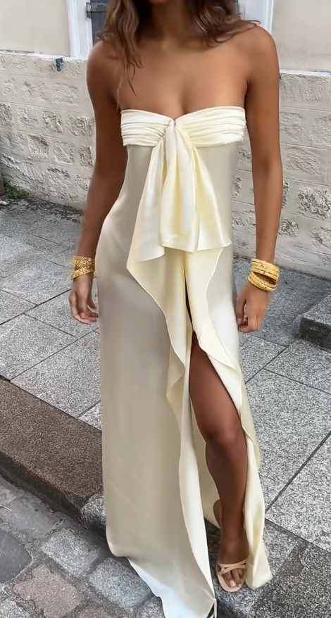 Simple Strapless Sheath Long Prom Dresses Chiffon Yellow Party dresses Evening Dresses