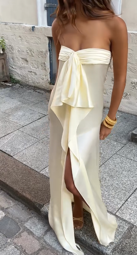 Simple Strapless Sheath Long Prom Dresses Chiffon Yellow Party dresses Evening Dresses