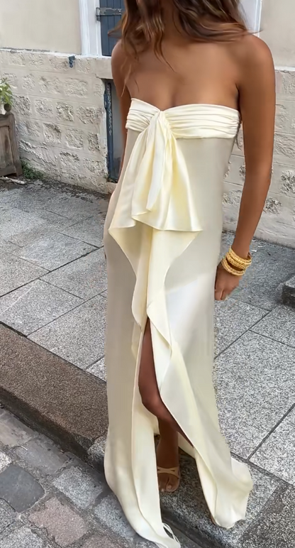 Simple Strapless Sheath Long Prom Dresses Chiffon Yellow Party dresses Evening Dresses