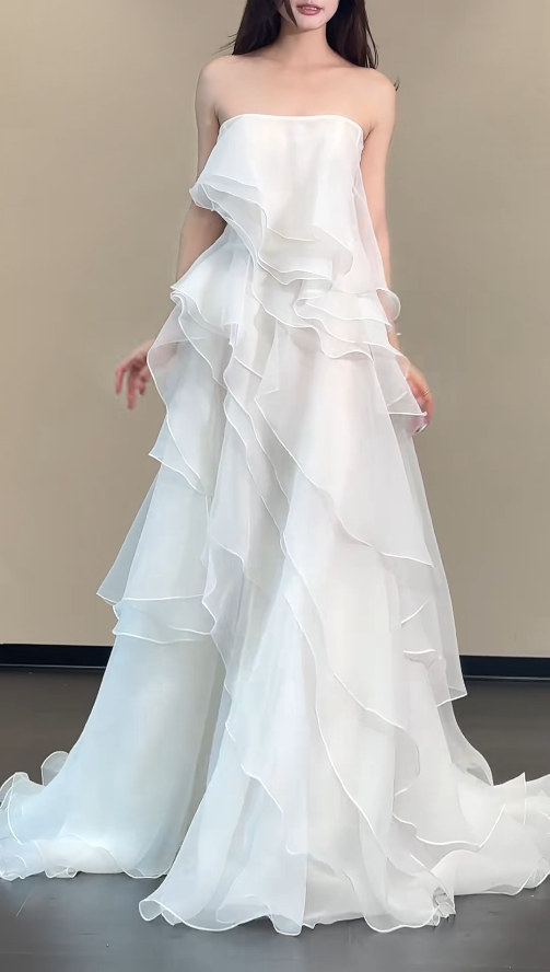 Simple Strapless Sheath Long Weddng Dresses Chiffon White Bridal Gowns Sleeveless Bridal Dresses