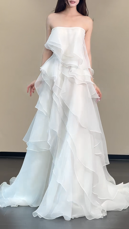 Simple Strapless Sheath Long Weddng Dresses Chiffon White Bridal Gowns Sleeveless Bridal Dresses
