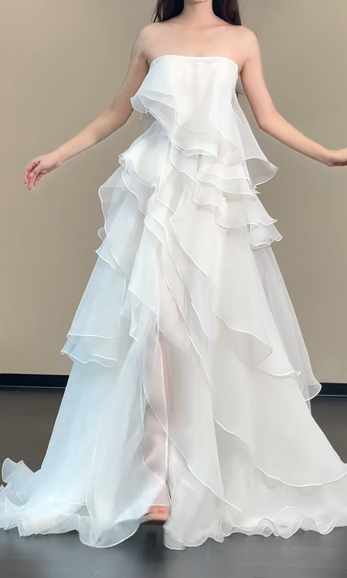 Simple Strapless Sheath Long Weddng Dresses Chiffon White Bridal Gowns Sleeveless Bridal Dresses