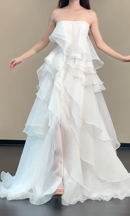 Simple Strapless Sheath Long Weddng Dresses Chiffon White Bridal Gowns Sleeveless Bridal Dresses