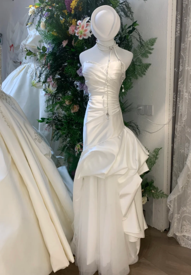 Simple Strapless Sheath Long Weddng Dresses Satin Tulle White Bridal Gowns Sleeveless Bridal Dresses