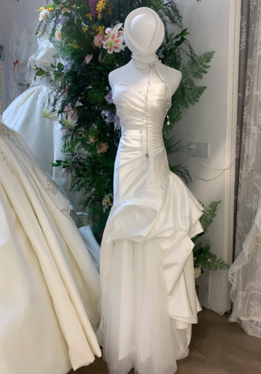 Simple Strapless Sheath Long Weddng Dresses Satin Tulle White Bridal Gowns Sleeveless Bridal Dresses