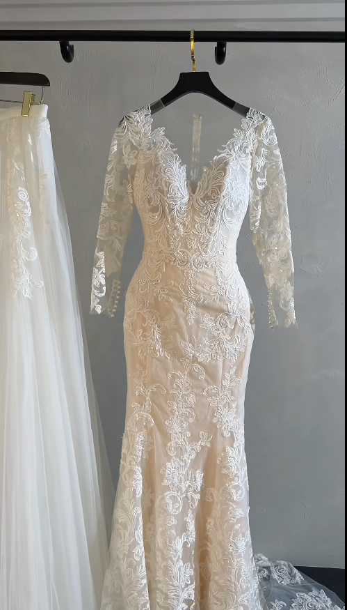 Simple V-Neck Sheath Long Wedding Dresses Tulle Appliques White Bridal Gowns Long Sleeves Bridal Dresses