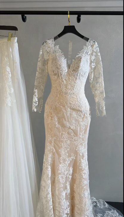 Simple V-Neck Sheath Long Wedding Dresses Tulle Appliques White Bridal Gowns Long Sleeves Bridal Dresses