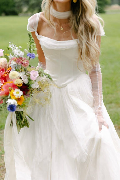 Simple White A-line Chiffon Wedding Dresses Pleated Cap Sleeves Bridal Gown,AST2172