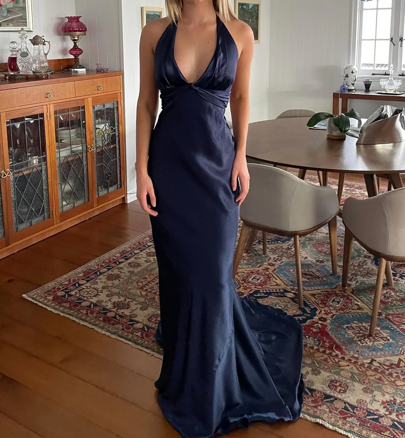 Simple  💛A-Line Long Prom Dress for Party&amp;Birthday-V Neck Satin Beautiful Backless Formal Evening Dress
