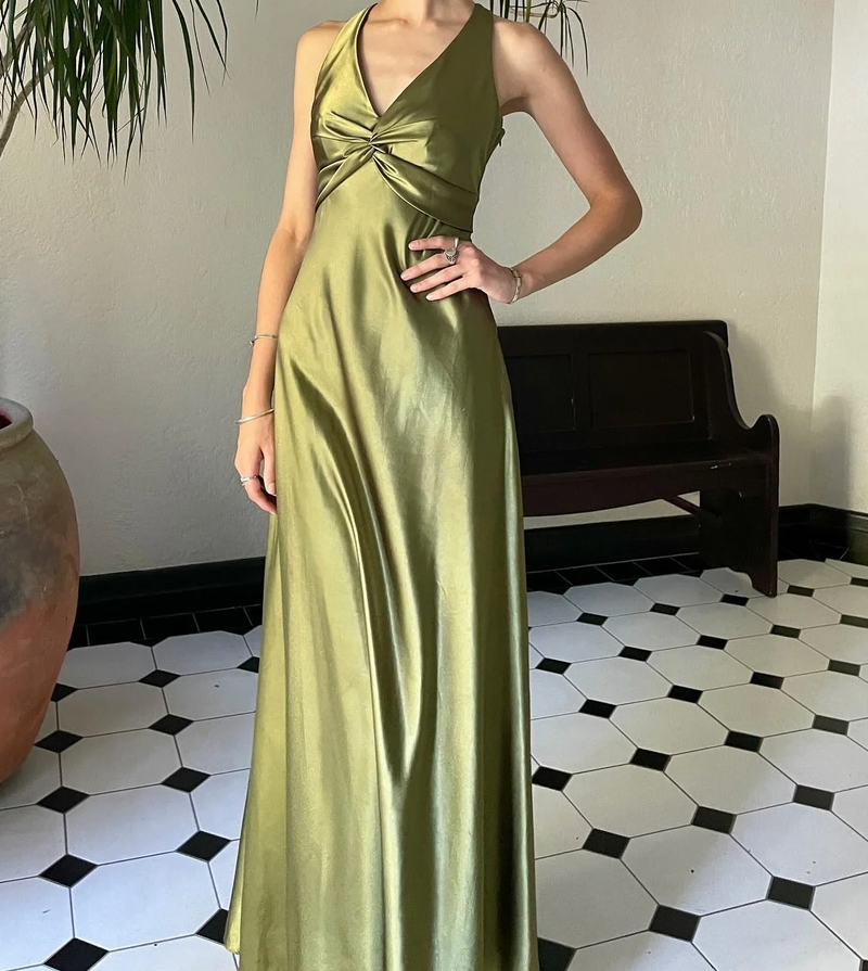 Simple  💛A-Line Long Prom Dress for Party&amp;Birthday-V Neck Satin Beautiful Backless Formal Evening Dress