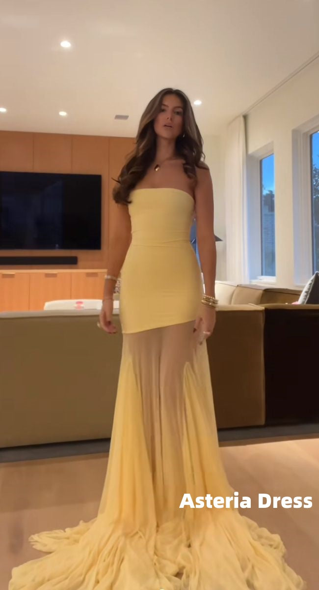 Simple Yellow Strapless Prom Dress, AST2326