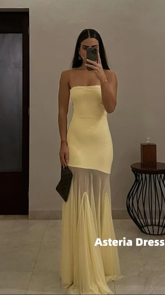 Simple Yellow Strapless Prom Dress, AST2326