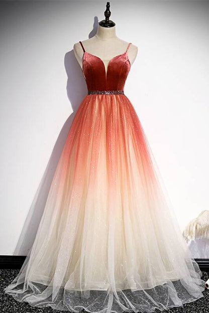 Simply A-line Ombre Red Long Prom Dress