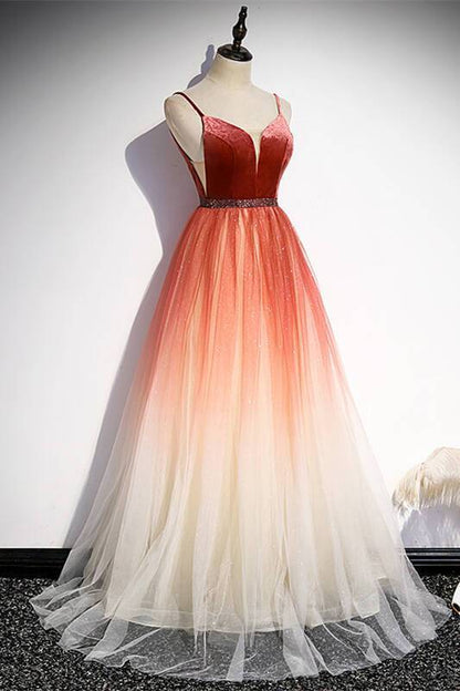 Simply A-line Ombre Red Long Prom Dress