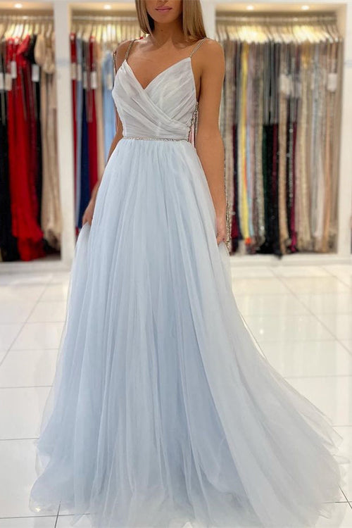 Sky Blue Tulle Prom Dress Sexytti-Strap Backless with Beads