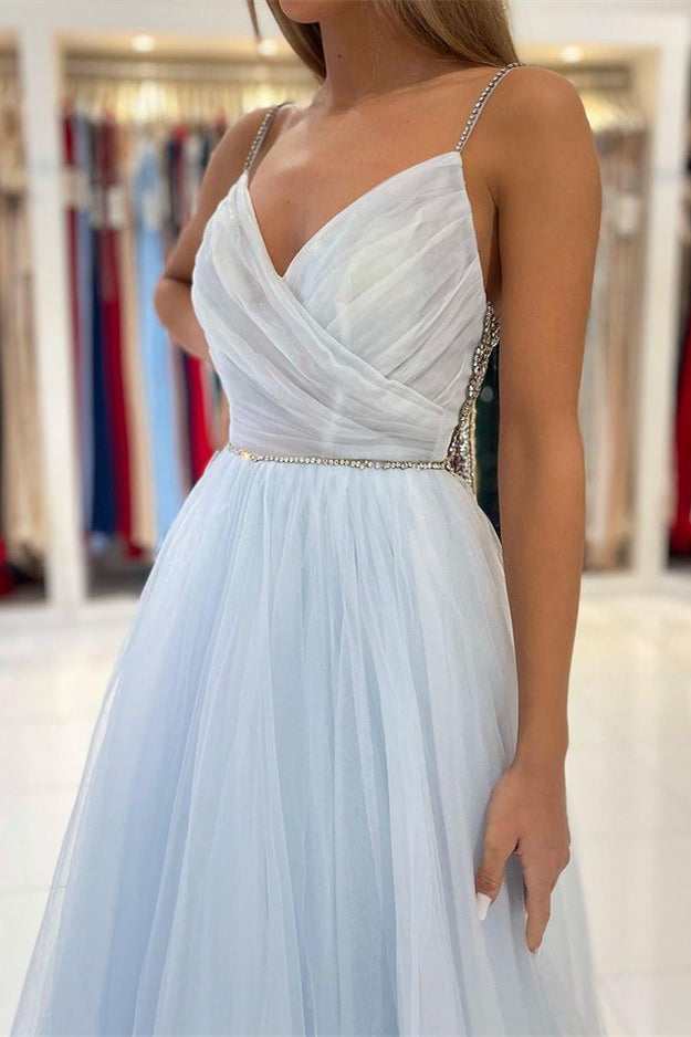 Sky Blue Tulle Prom Dress Sexytti-Strap Backless with Beads