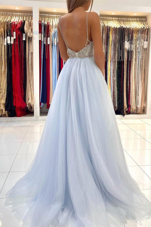 Sky Blue Tulle Prom Dress Sexytti-Strap Backless with Beads