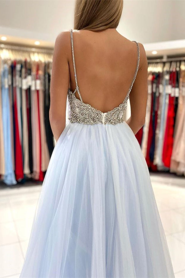 Sky Blue Tulle Prom Dress Sexytti-Strap Backless with Beads