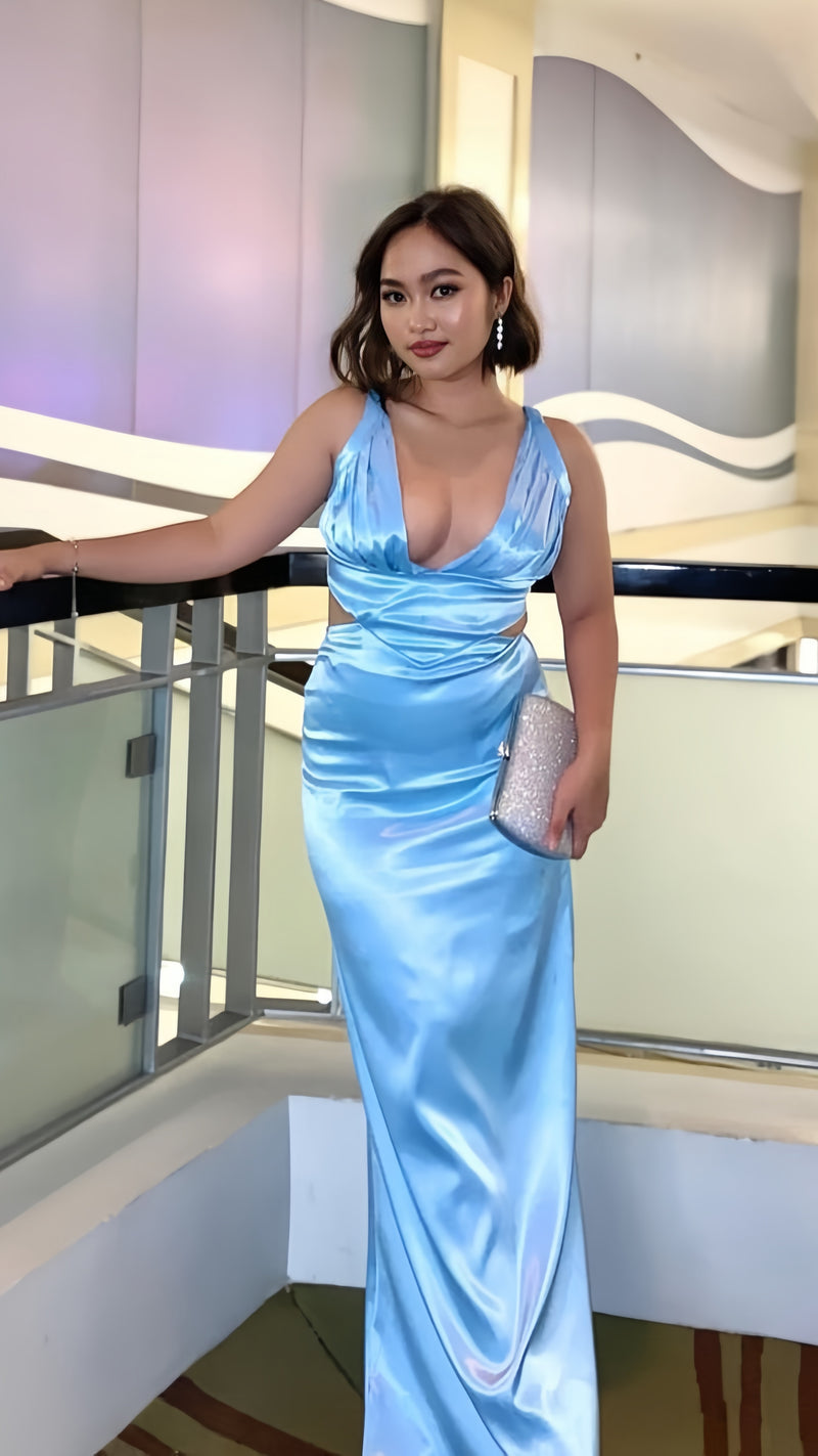Sky Blue V-Neck Long Prom Dress,AST1692