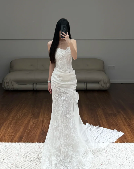 Sleeveless White Lace Wedding Dress Mermaid Classy Wedding Gowns