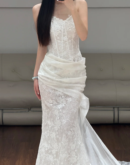 Sleeveless White Lace Wedding Dress Mermaid Classy Wedding Gowns