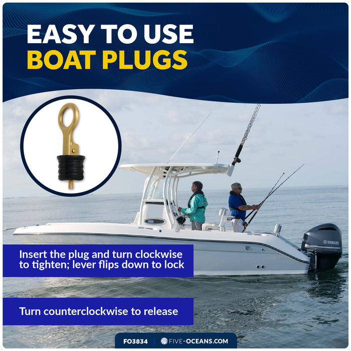 Snap-Handle Drain Plug for 1-1/4" Transom Hole, Rubber/Brass - FO3834 - Five Oceans
