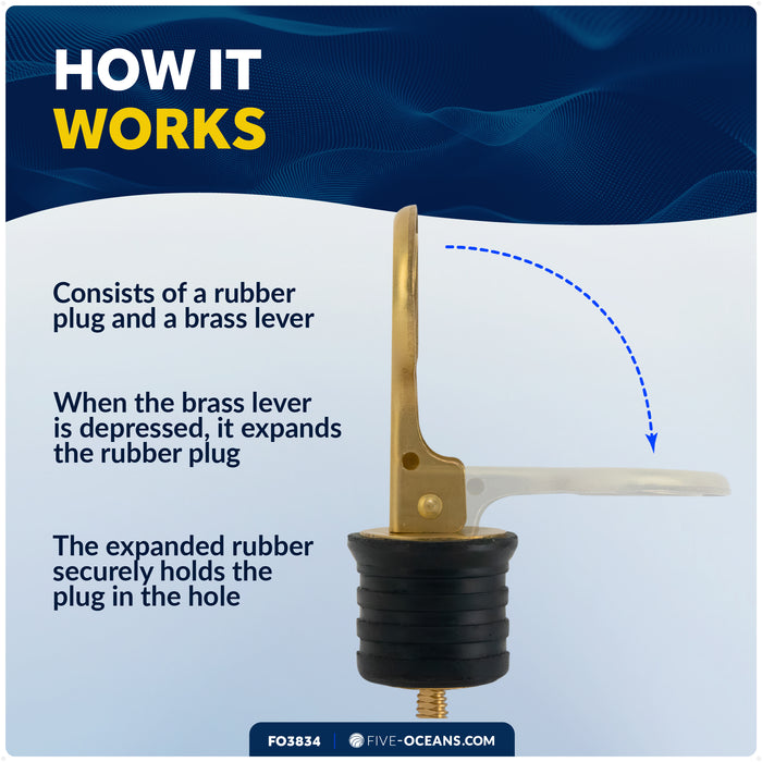 Snap-Handle Drain Plug for 1-1/4" Transom Hole, Rubber/Brass - FO3834 - Five Oceans