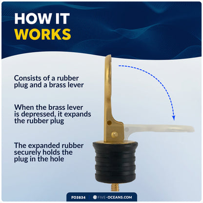 Snap-Handle Drain Plug for 1-1/4" Transom Hole, Rubber/Brass - FO3834 - Five Oceans