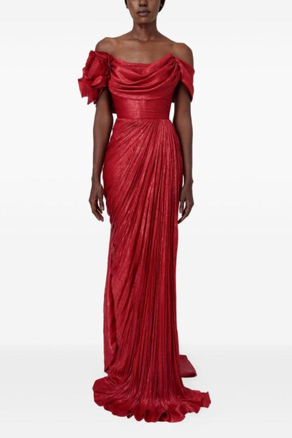 Sophisticatedff-the-Shoulder Prom Dress Sleeveless Pleated with Flower