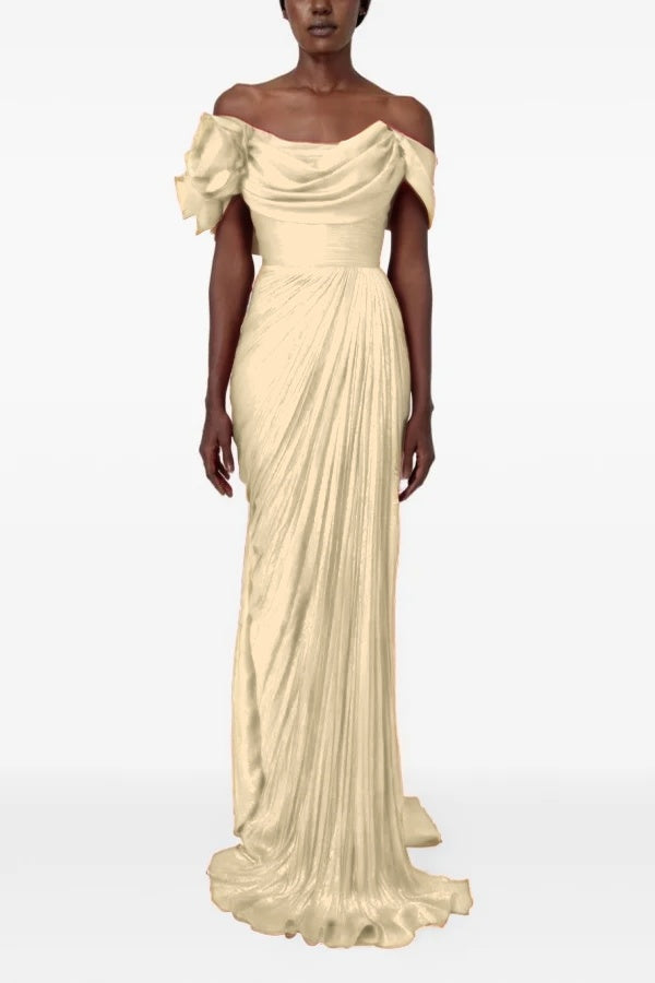 Sophisticatedff-the-Shoulder Prom Dress Sleeveless Pleated with Flower