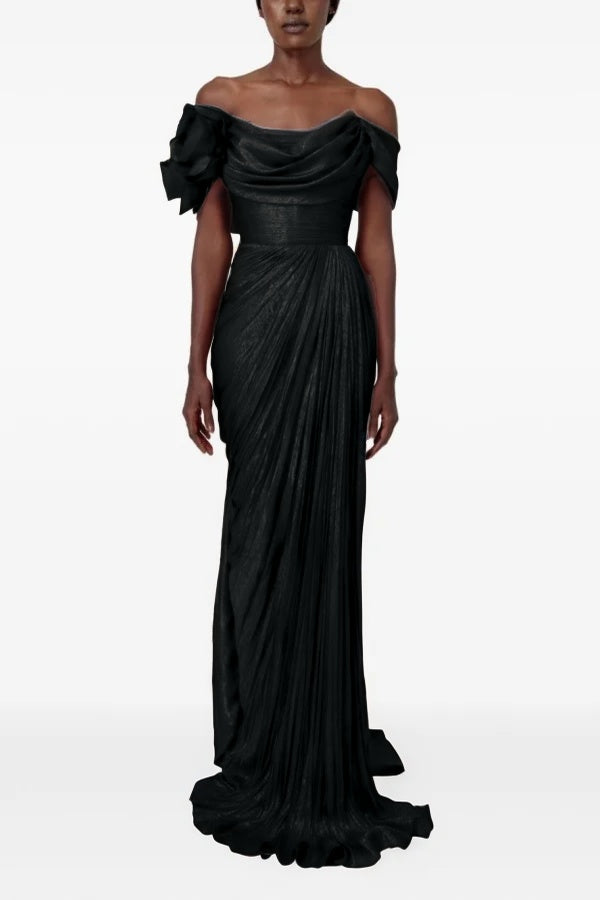 Sophisticatedff-the-Shoulder Prom Dress Sleeveless Pleated with Flower