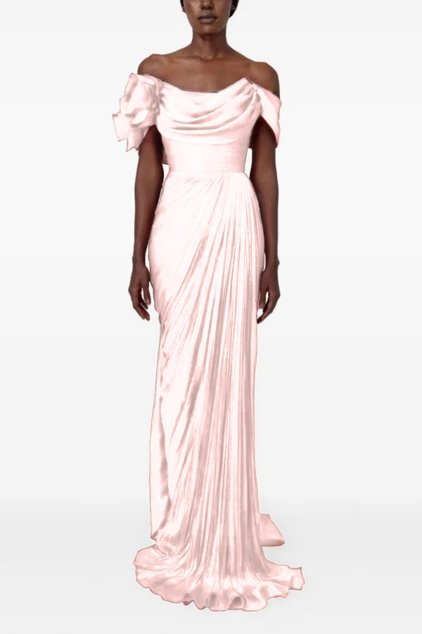 Sophisticatedff-the-Shoulder Prom Dress Sleeveless Pleated with Flower