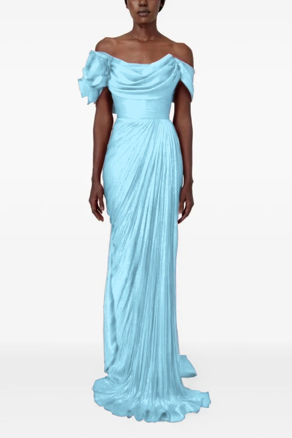 Sophisticatedff-the-Shoulder Prom Dress Sleeveless Pleated with Flower